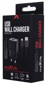 Maxlife vegglader MXTC-01 USB (1A) + microUSB-kabel, svart Maxlife vegglader MXTC-01 USB (1A) + microUSB-kabel, svart