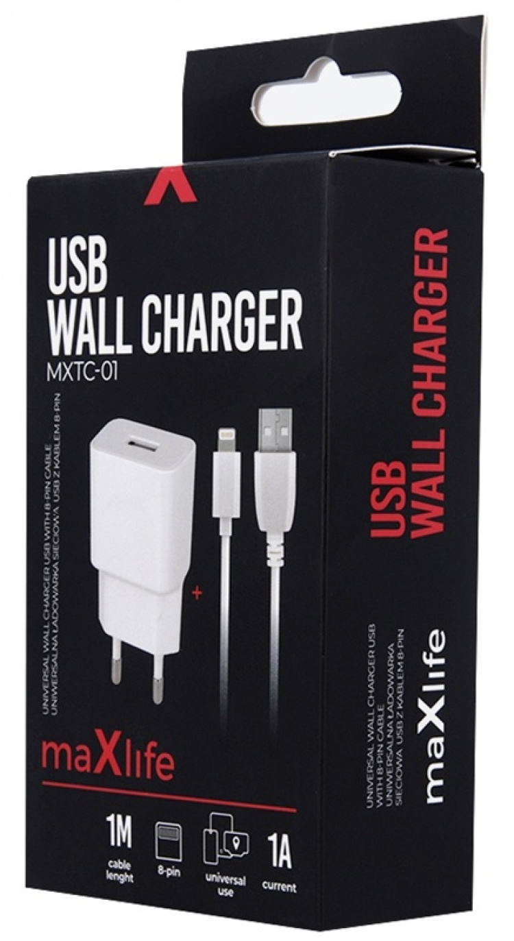 Maxlife vegglader MXTC-01 USB (1A) + Lightning-kabel, hvit