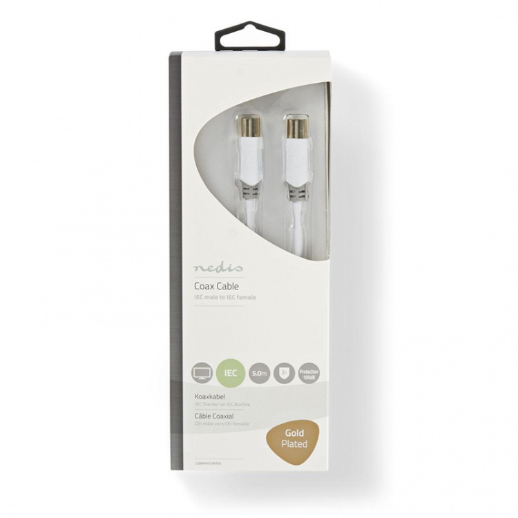 Nedis Coax Cable | IEC (Coax) Han | IEC (Coax) Hun | Gull belagt | 100 dB | 75 Ohm | Dobbelt skjermet | 5.00 m | Rund | PVC | Hvit | Boks Nedis Coax Cable | IEC (Coax) Han | IEC (Coax) Hun | Gull belagt | 100 dB | 75 Ohm | Dobbelt skjermet | 5.00 m | Rund | PVC | Hvit | Boks