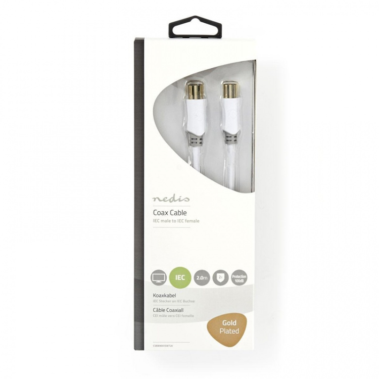 Nedis Coax Cable | IEC (Coax) Han | IEC (Coax) Hun | Gull belagt | 100 dB | 75 Ohm | Dobbelt skjermet | 2.00 m | Rund | PVC | Hvit | Boks Nedis Coax Cable | IEC (Coax) Han | IEC (Coax) Hun | Gull belagt | 100 dB | 75 Ohm | Dobbelt skjermet | 2.00 m | Rund | PVC | Hvit | Boks