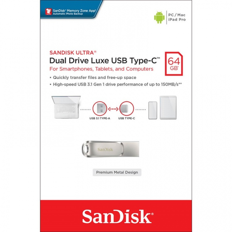 SANDISK USB Dual Drive Luxe 64GB 150MB/s USB-C & USB 3.1 SANDISK USB Dual Drive Luxe 64GB 150MB/s USB-C & USB 3.1