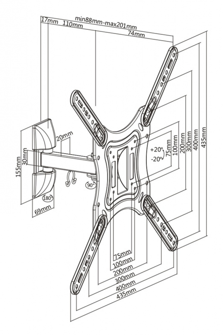 DELTACO Office, 2-veis vegg med full bevegelse, 23