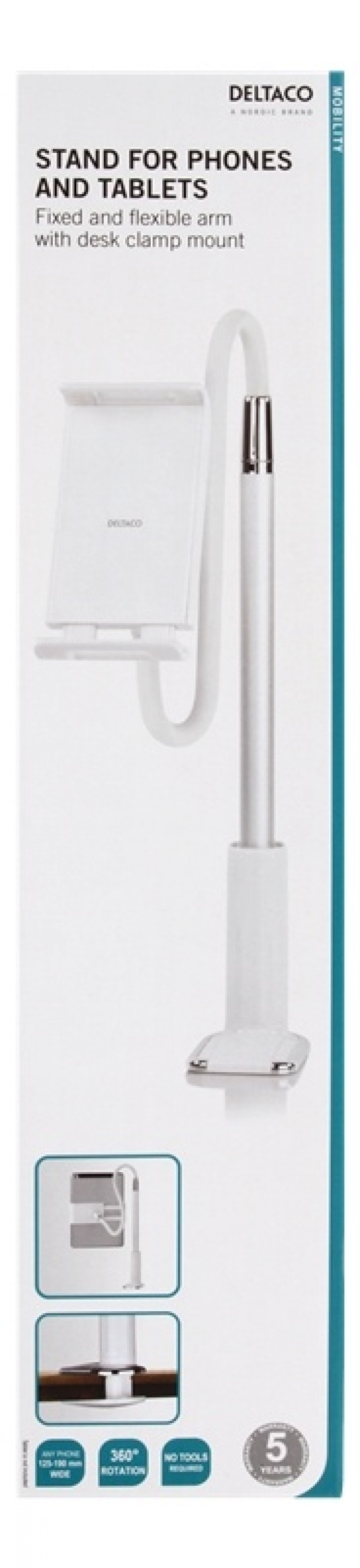 DELTACO Stativ for smarttelefoner og nettbrett, fast og fleksibel arm med
