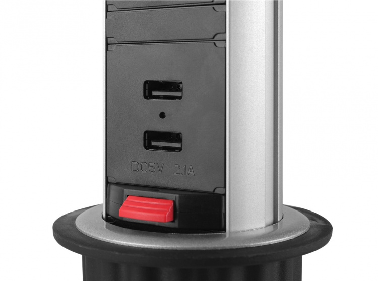 DELTACO OFFICE Pop-up grenuttak, 3x EU-uttak, 2x USB, svart/sølv