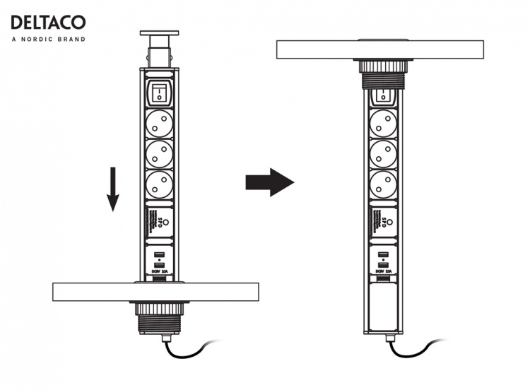 DELTACO OFFICE Pop-up grenuttak, 3x EU-uttak, 2x USB, svart/sølv