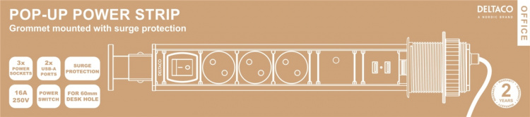 DELTACO OFFICE Pop-up grenuttak, 3x EU-uttak, 2x USB, svart/sølv