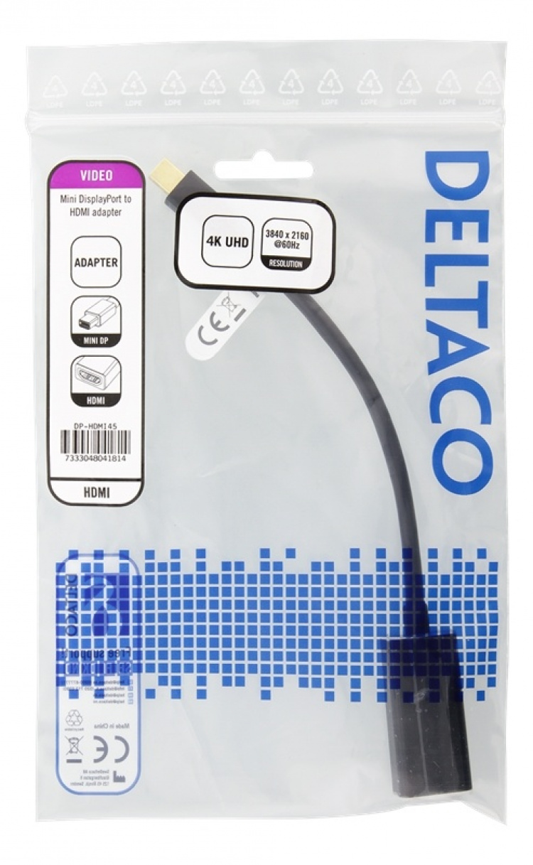 DELTACO Mini DisplayPort til HDMI-adapter, 4K 60 Hz, 0,2 m, svart