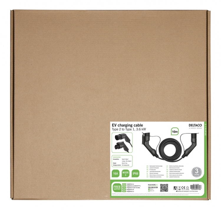 DELTACO e-Charge, kabel type 2 - type 1, 1 fase, 16A, 10M DELTACO e-Charge, kabel type 2 - type 1, 1 fase, 16A, 10M