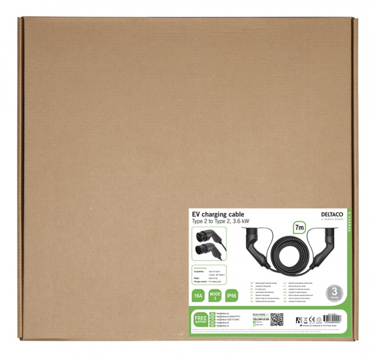 DELTACO EV-cable type 2 - type 2, 1 phase, 16A, 7M DELTACO EV-cable type 2 - type 2, 1 phase, 16A, 7M