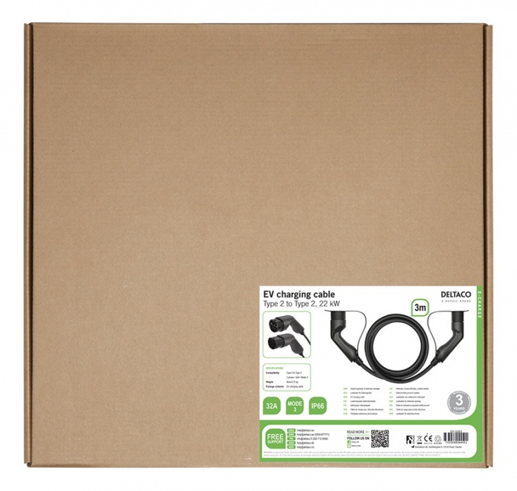 DELTACO EV-cable type 2 - type 2, 3 phase, 32A, 3M