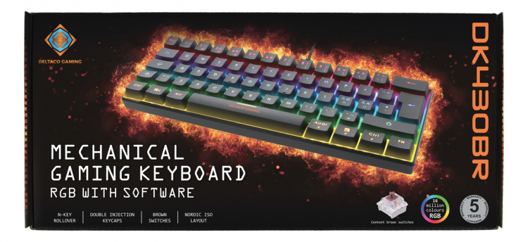 DELTACO GAMING Mekanisk 60% RGB-tastatur, brune brytere, 62 taster