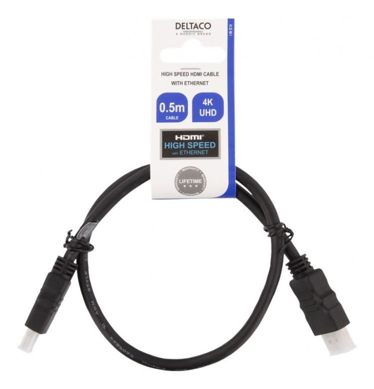 DELTACO HDMI-kabel CCS, HDMI High Speed m/Ethernet, FSC, 0,5m, svart DELTACO HDMI-kabel CCS, HDMI High Speed m/Ethernet, FSC, 0,5m, svart