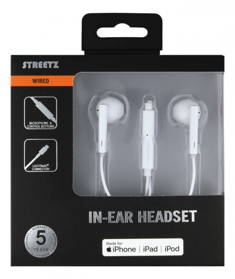 Streetz in-ear Lightning-hodesett, MFi, volumkontroll, fjernkontroll, hvit