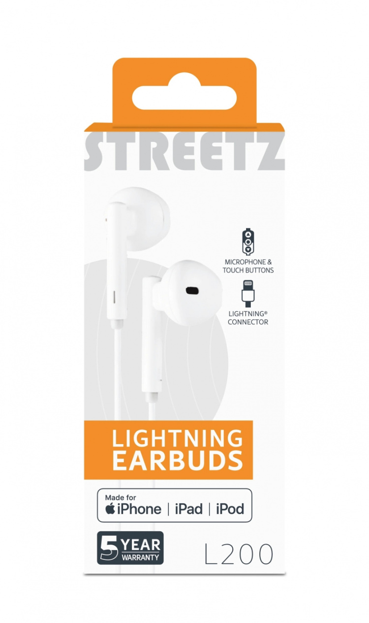 Streetz in-ear Lightning-hodesett, MFi, volumkontroll, fjernkontroll, hvit