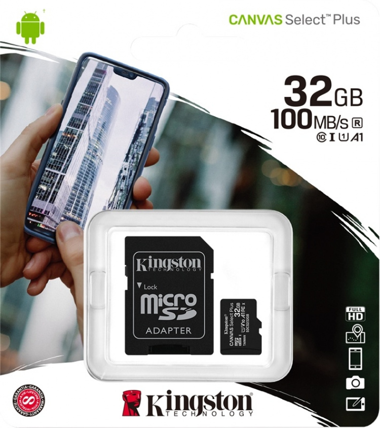 Kingston 32 GB micSDHC Canvas Select Plus 100R A1 C10-kort + ADP Kingston 32 GB micSDHC Canvas Select Plus 100R A1 C10-kort + ADP