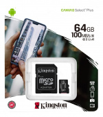 Kingston 64 GB micSDXC Canvas Select Plus 100R A1 C10-kort + ADP Kingston 64 GB micSDXC Canvas Select Plus 100R A1 C10-kort + ADP