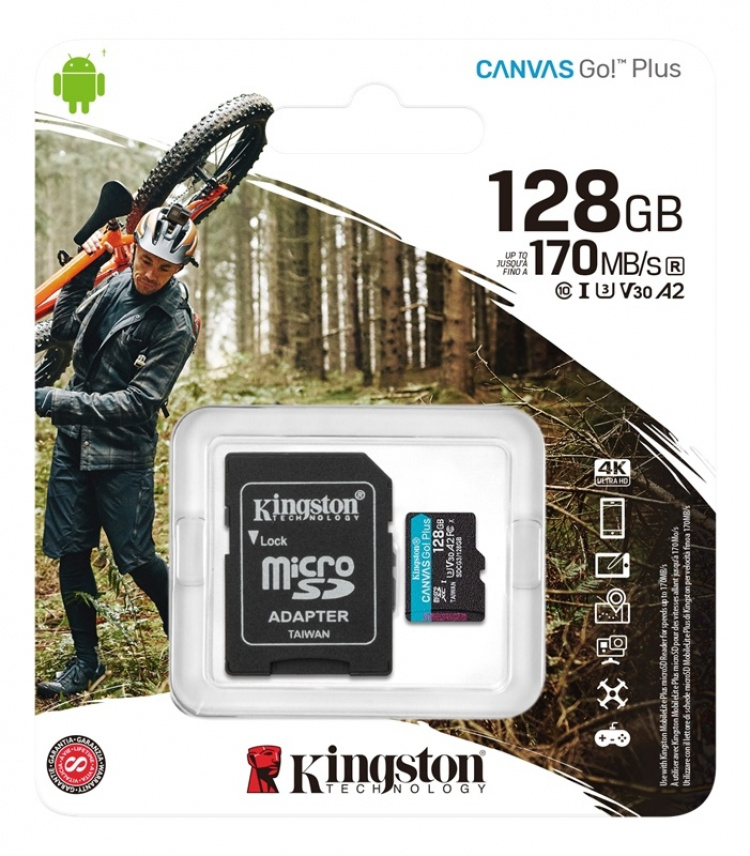 Kingston 128 GB microSDXC Canvas Go Plus 170R A2 U3 V30-kort + ADP Kingston 128 GB microSDXC Canvas Go Plus 170R A2 U3 V30-kort + ADP
