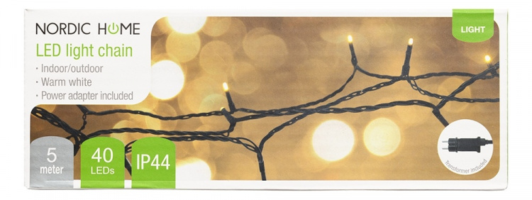 Lyslenke, 5 m, 40 LED, adapter, utendørs, varm hvit