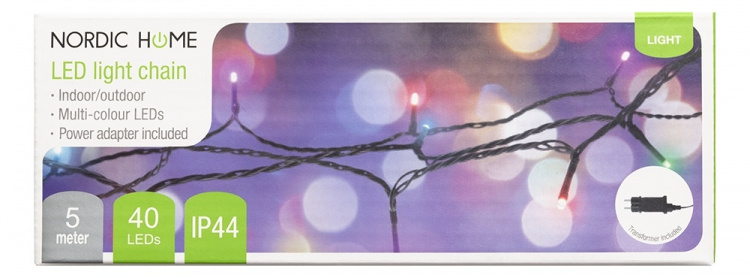 Lyslenke, 5 m, 40 LED, adapter, utendørs, RGB