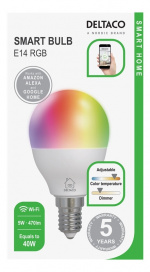 DELTACO SMART HOME LED-lampe, E14, WiFI 2,4 GHz, 5W, 470lm, dimbar, 2700K-6500K,