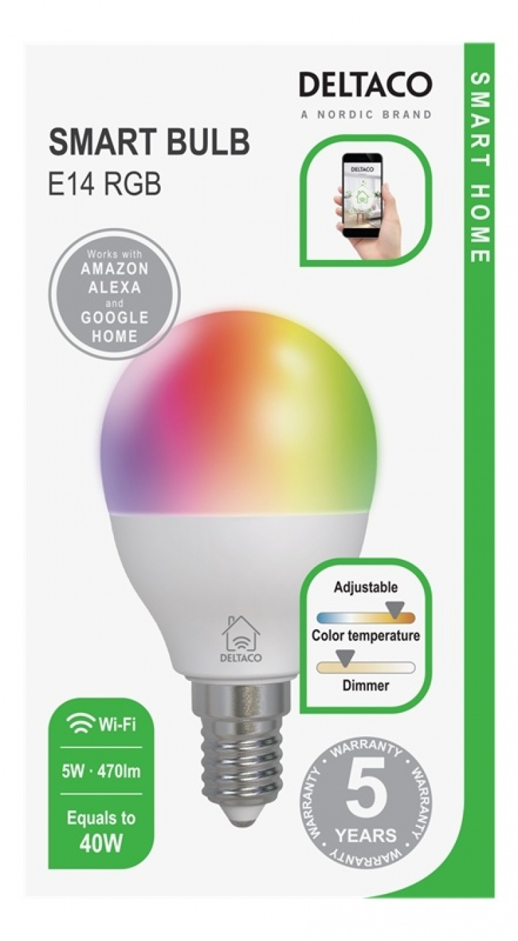 DELTACO SMART HOME LED-lampe, E14, WiFI 2,4 GHz, 5W, 470lm, dimbar, 2700K-6500K,