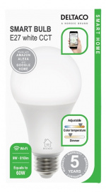 DELTACO SMART HOME LED-lampe, E27, WiFI, 9W, 2700K-6500K, dimbar, hvit