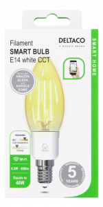 DELTACO SMART HOME FILAMENT LED-lampa, E14, WiFI, 4.5W, 1800K-6500K