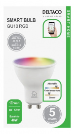 DELTACO SMART HOME LED-lampe, GU10, WiFI 2,4 GHz, 5W, 470lm, dimbar, 2700K-6500K,