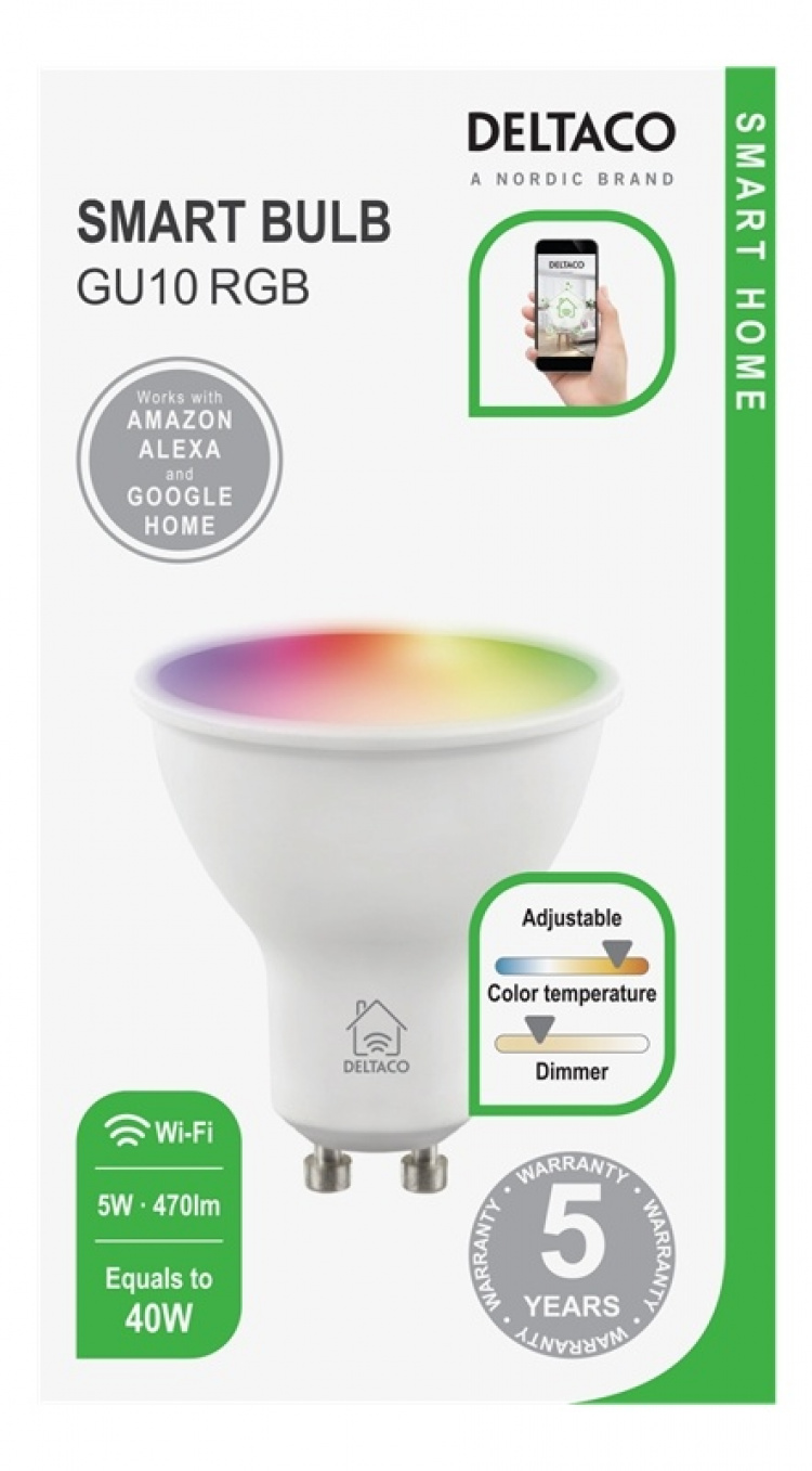 DELTACO SMART HOME LED-lampe, GU10, WiFI 2,4 GHz, 5W, 470lm, dimbar, 2700K-6500K,