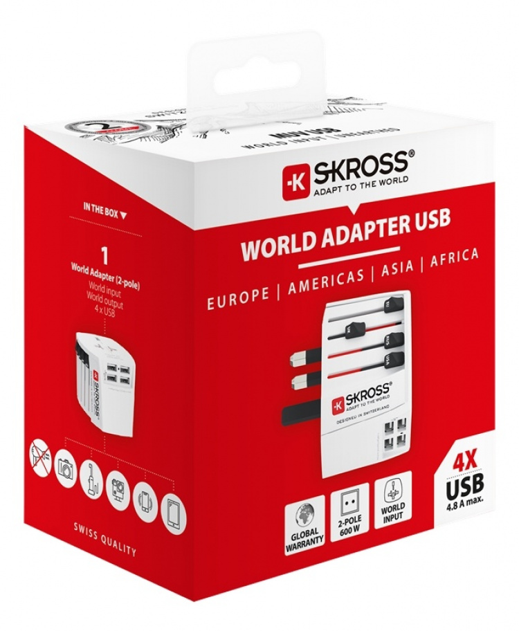SKROSS MUV USB 4xA, 2-polet reiseadapter med 4 USB-A-porter