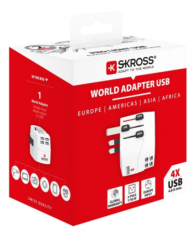 SKROSS PRO Light USB (4xA), 3-polet reiseadapter med 4 USB-A-porter SKROSS PRO Light USB (4xA), 3-polet reiseadapter med 4 USB-A-porter