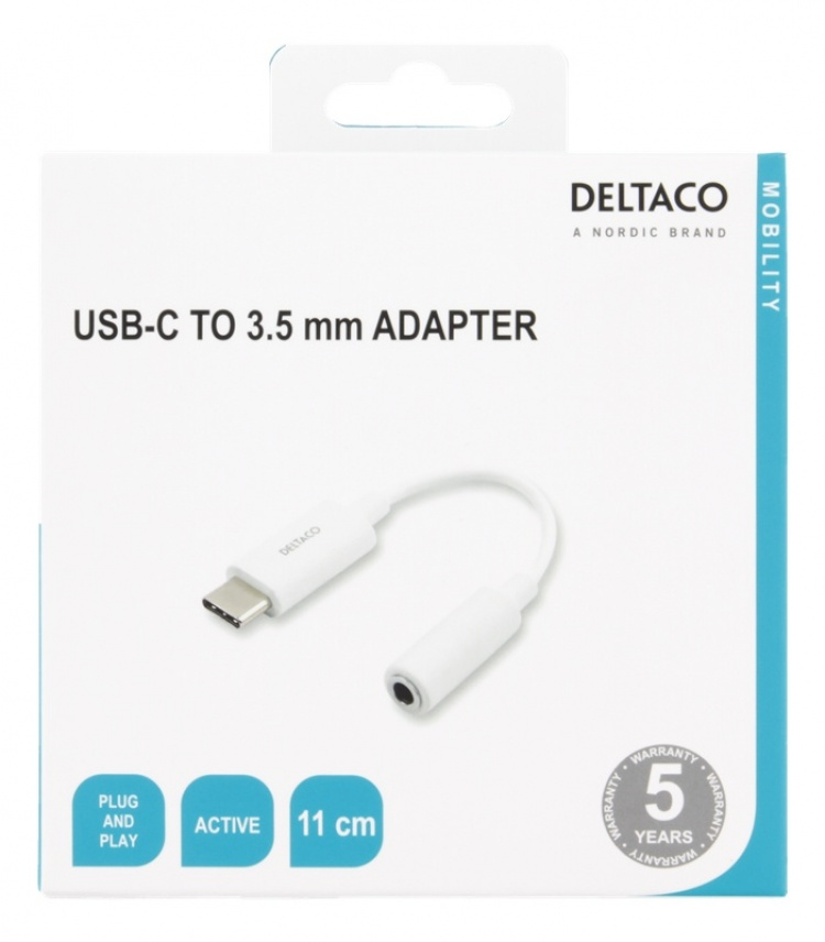DELTACO USB-C til 3,5 mm adapter, stereo, aktiv, 11 cm, hvit