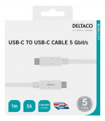 DELTACO USB-C til USB-C-kabel, 5 Gbit/s, 5A, 1M, hvit
