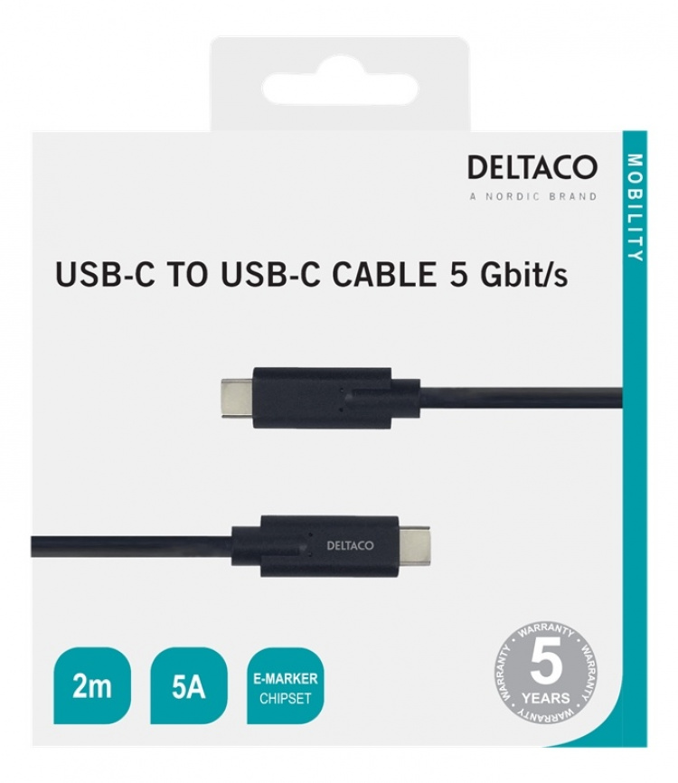 DELTACO USB-C til USB-C-kabel, 5 Gbit/s, 5A, 2M, svart