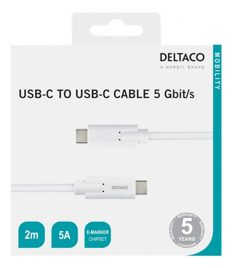 DELTACO USB-C til USB-C-kabel, 5 Gbit/s, 5A, 2M, hvit DELTACO USB-C til USB-C-kabel, 5 Gbit/s, 5A, 2M, hvit