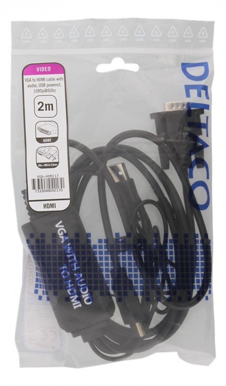 DELTACO VGA til HDMI- og lydkabel, 2 m, FHD, strømtilførsel via USB, svart