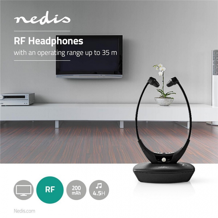 Nedis Trådløs TV hodetelefoner | RF, frequency 868 Mhz | In-Ear | Maksimal batteritid: 4.5 timer | 35 m | Digital lyd | Ladestasjon | Balanse kontroll | Sort Nedis Trådløs TV hodetelefoner | RF, frequency 868 Mhz | In-Ear | Maksimal batteritid: 4.5 timer | 35 m | Digital lyd | Ladestasjon | Balanse kontroll | Sort