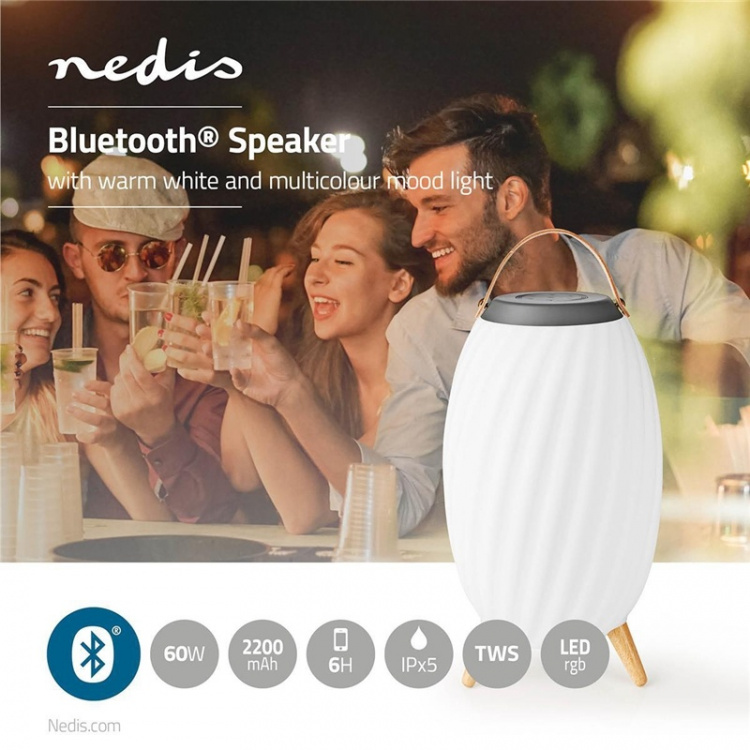 Nedis Bluetooth høyttaler med stemningslys | 6 timer | Ambiance Design | 60 W | Mono | RGB / Varm Hvit | IPX5 | Linkable | Grå / Hvit