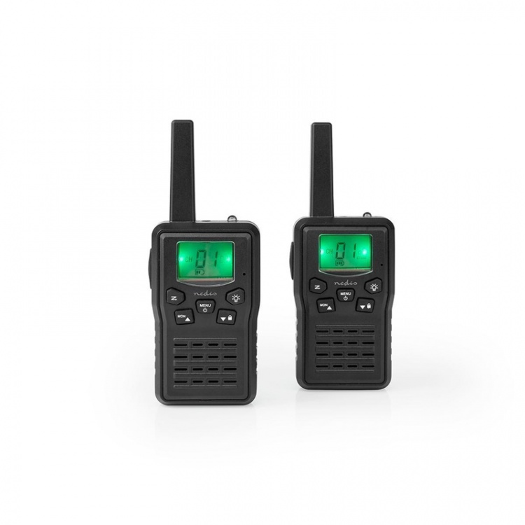 Nedis Walkie-Talkie Set | 2 håndsett | Opp til 10 km | Frekvens kanal: 8 | PTT / VOX | Opp til 6 timer | Ladestasjon inkludert | Hodetelefonutgang | Sort