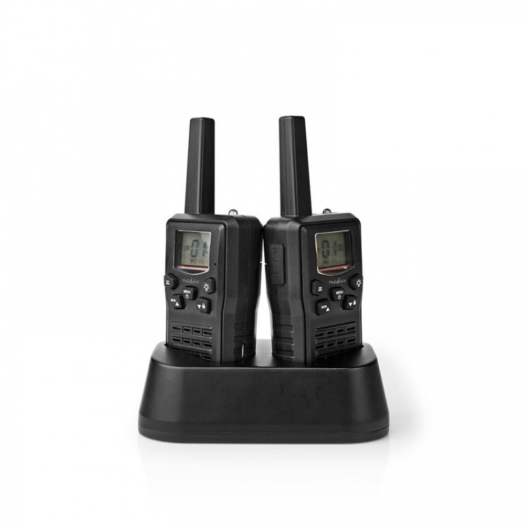 Nedis Walkie-Talkie Set | 2 håndsett | Opp til 10 km | Frekvens kanal: 8 | PTT / VOX | Opp til 6 timer | Ladestasjon inkludert | Hodetelefonutgang | Sort