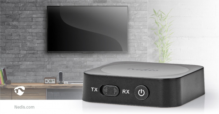 Nedis Bluetooth® Transceiver | Koblingsinngang: 1x AUX | Koblingsutgang: 1x AUX | SBC | Opptil 1 enhet | Opp til 6 timer | Automatisk avstengingsfunksjon | Sort