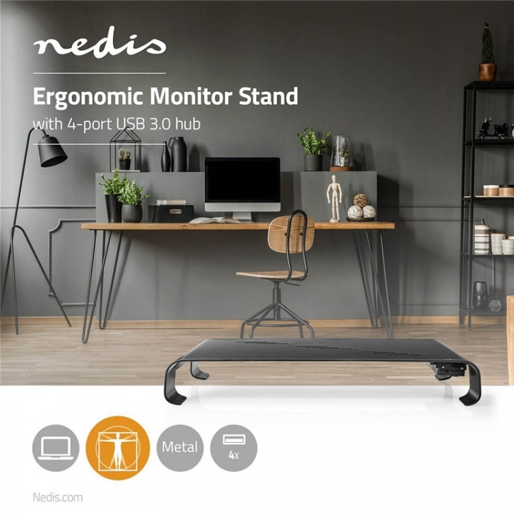 Nedis Monitor Stand | Ergonomisk: Yes | Maksimal bæreevne: 18 kg | Universal | USB-hub | Justerbar høyde: Nei