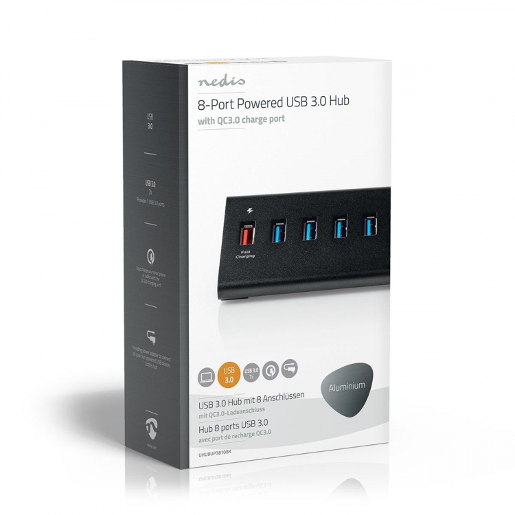 Nedis USB-hub | USB Micro-B Female | USB-A Female | 8-Port port(s) | QC3.0 / USB 3.2 Gen 1 | Nettstrøm drevet / USB-Strøm | 5 Gbps | 8x USB