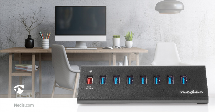 Nedis USB-hub | USB Micro-B Female | USB-A Female | 8-Port port(s) | QC3.0 / USB 3.2 Gen 1 | Nettstrøm drevet / USB-Strøm | 5 Gbps | 8x USB