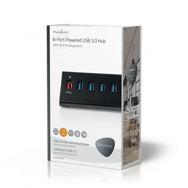 Nedis USB-hub | USB Micro-B Female | USB-A Female | 8-Port port(s) | QC3.0 / USB 3.2 Gen 1 | Nettstrøm drevet / USB-Strøm | 5 Gbps | 8x USB