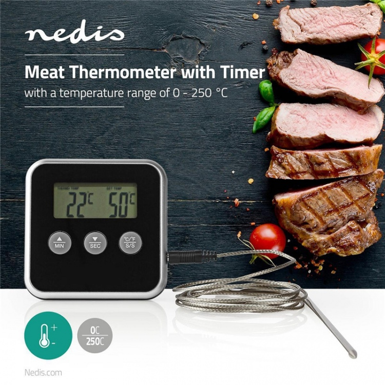 Nedis Kjøtttermometer | Alarm / Timer | LCD | 0 - 250 °C | Sort / Sølv