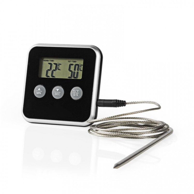 Nedis Kjøtttermometer | Alarm / Timer | LCD | 0 - 250 °C | Sort / Sølv
