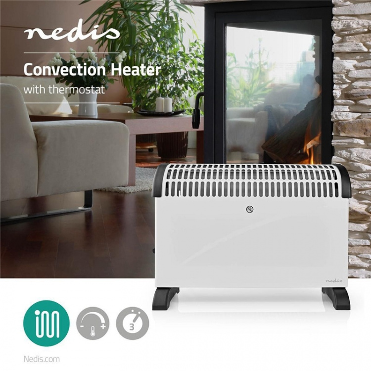 Nedis konveksjon Heater | 2000 W | 3 Varmeinnstillinger | Justerbar termostat | Veltebeskyttelse | Integrerte håndtak | Hvit