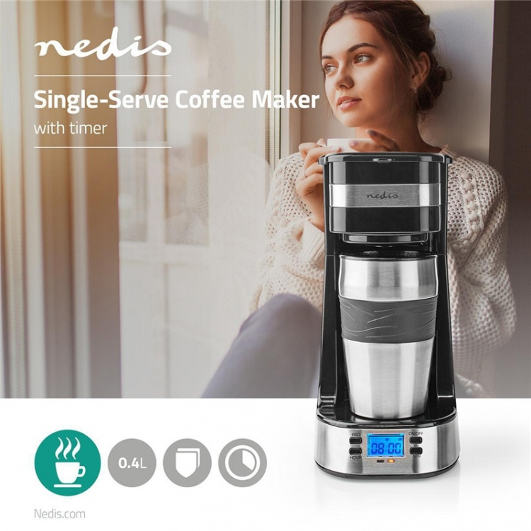 Nedis Kaffetrakter | Filter kaffe | 0.4 l | 1 Kopper | Skru på timer | Sort / Sølv Nedis Kaffetrakter | Filter kaffe | 0.4 l | 1 Kopper | Skru på timer | Sort / Sølv