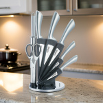 Knivsett med 8 deler, roterende knivstativ, kniver i rustfritt stål